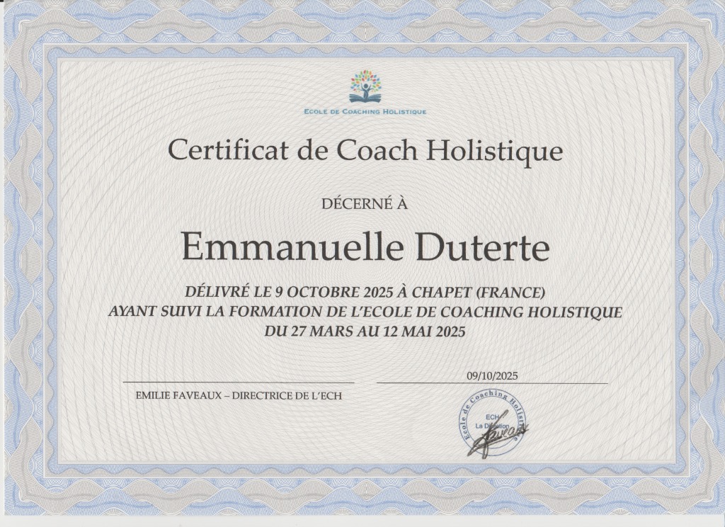 photo diplome 3MMANU3LL3 Coaching Holistique