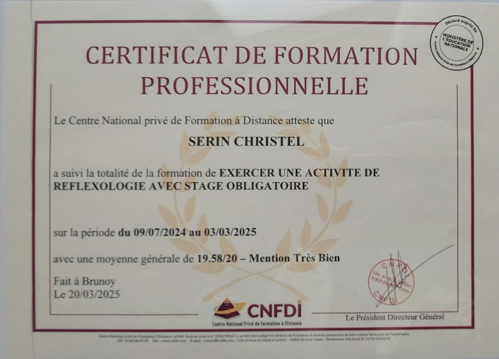 photo diplome Christel Serin - Douceur Équilibre et Vitalité 