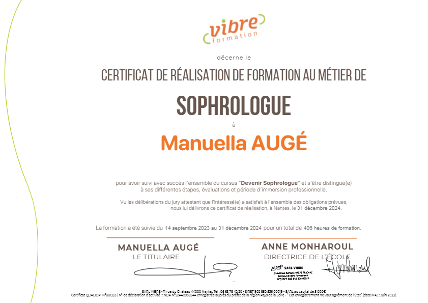 photo diplome Manuella Augé - Ma Coach Sophro ! 