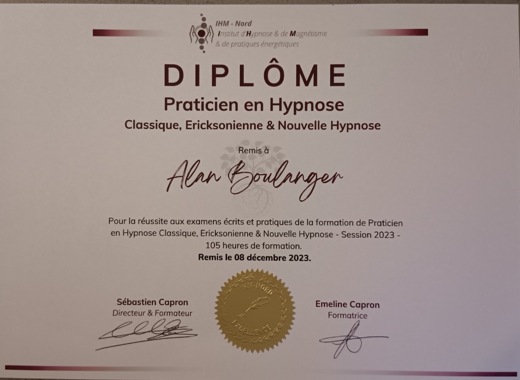 photo diplome Cabinet d’Hypnose de L’Ostrevant 
