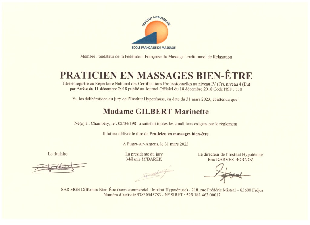 photo diplome Il était une fois... Massages bien-être