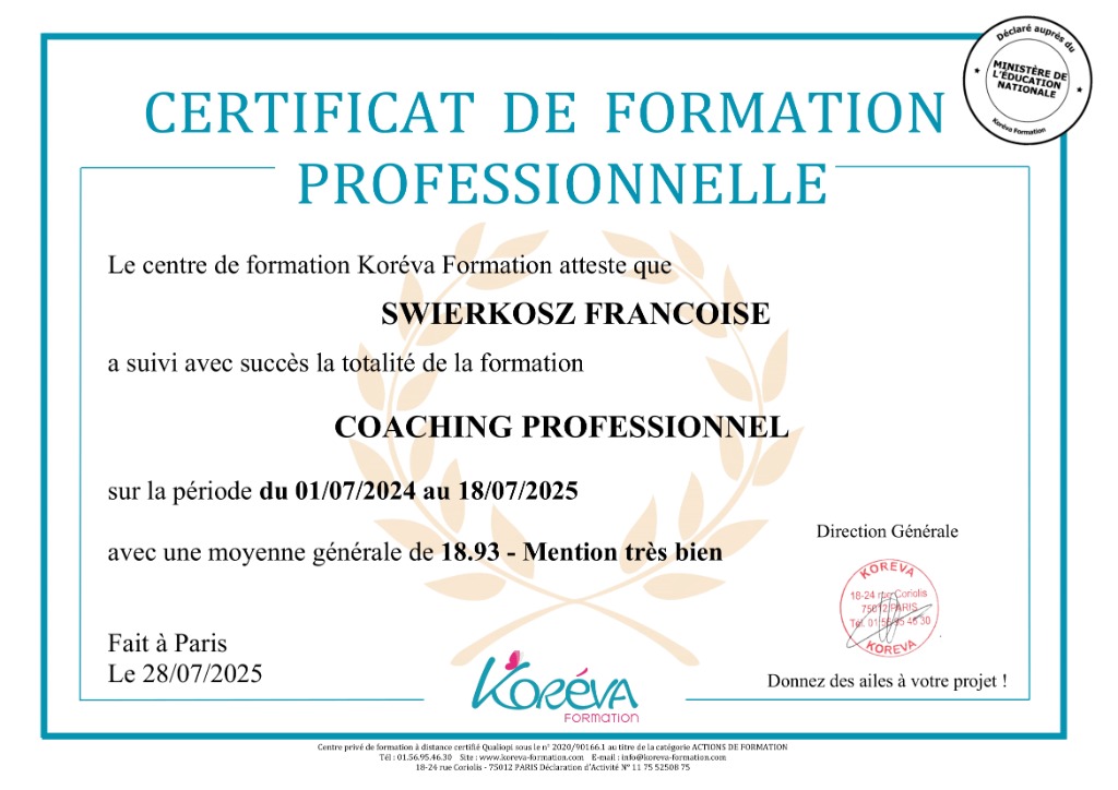 photo diplome Françoise SWIERKOSZ - MA COACH E’MOI
