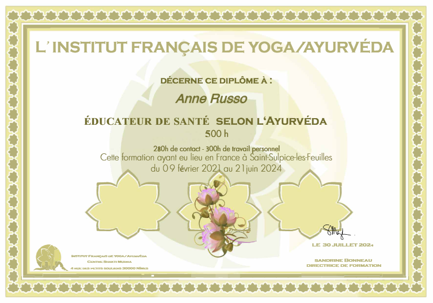 photo diplome RUSSO Anne - Ayur-Jyotish Beauté Holistique