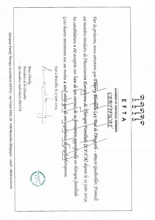 photo diplome Thierry Blondelle Thérapeut Familial