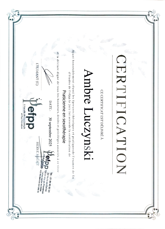 photo diplome Ambre Luczynski - Sexothérapeute Individu & Couple