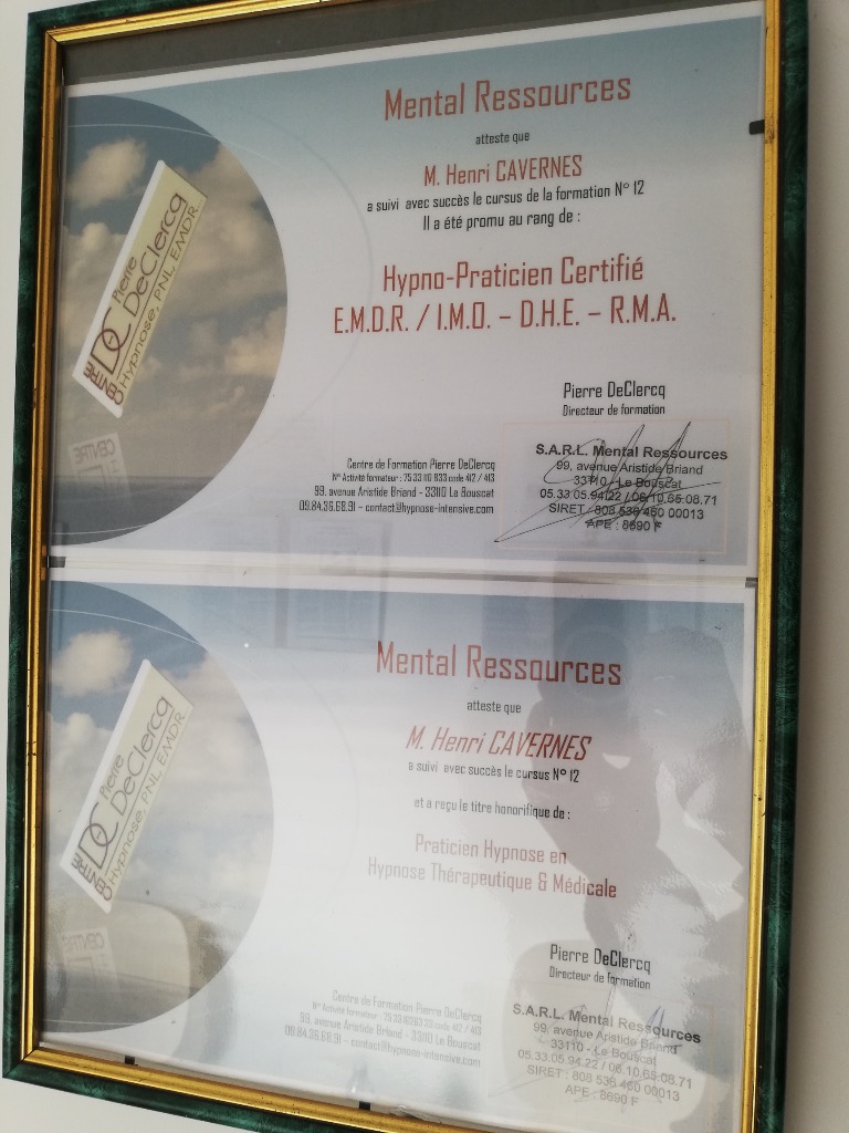 photo diplome Hypnothérapeute certifié à Saint Selve
