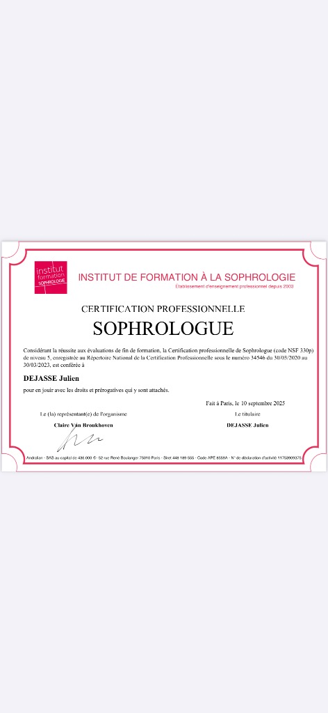 photo diplome Julien Dejasse Sophrologie