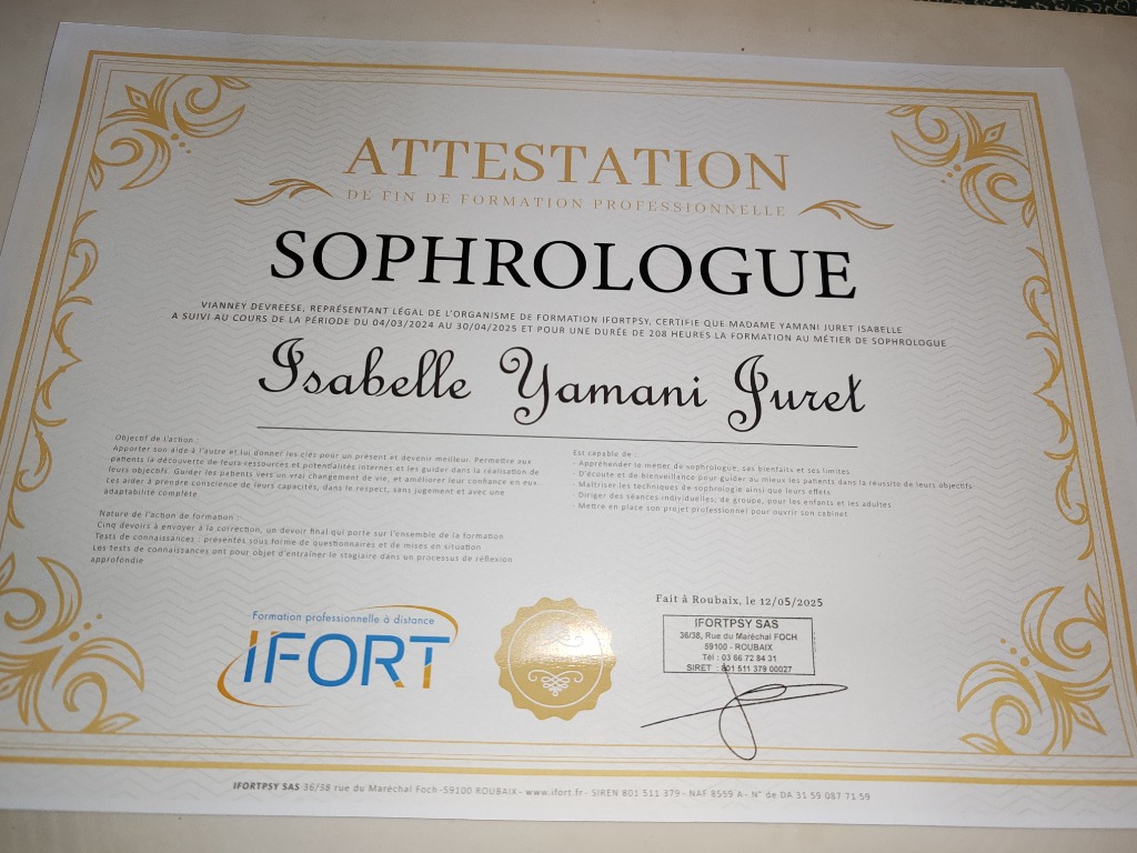 photo diplome Ici et maintenant pour un mieux être sophrologue