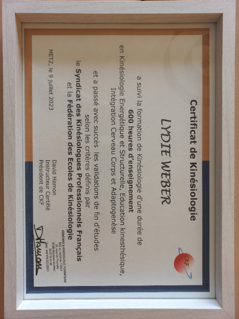 photo diplome Lydie WEBER Kinesiologue et Géobiologue