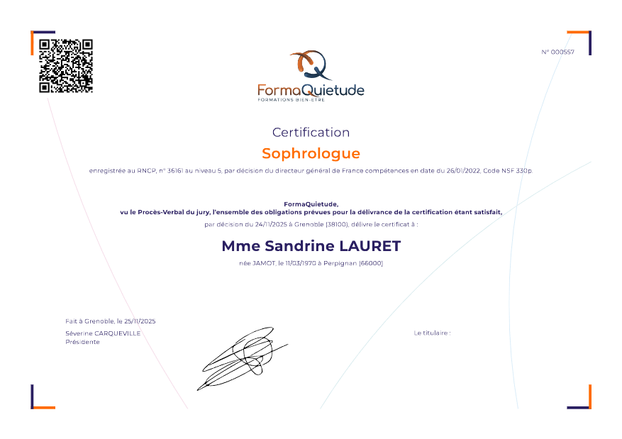 photo diplome Cabinet de Sophrologie "Harmonia""