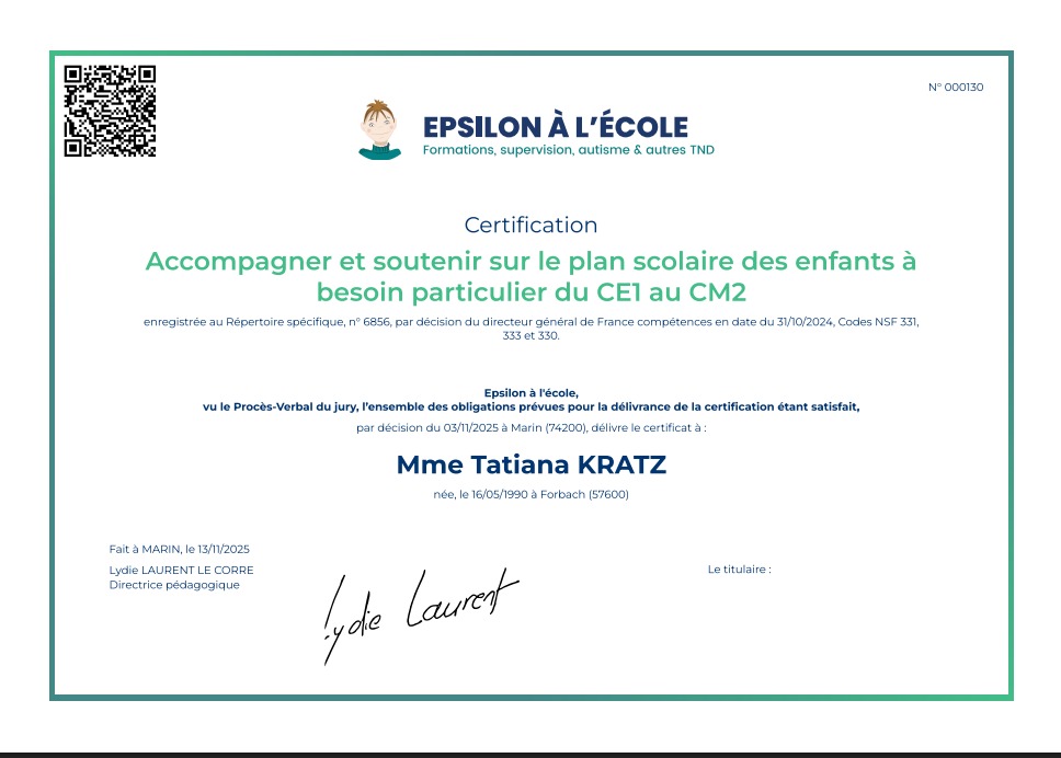 photo diplome Tatiana KRATZ - Psychopédagogue