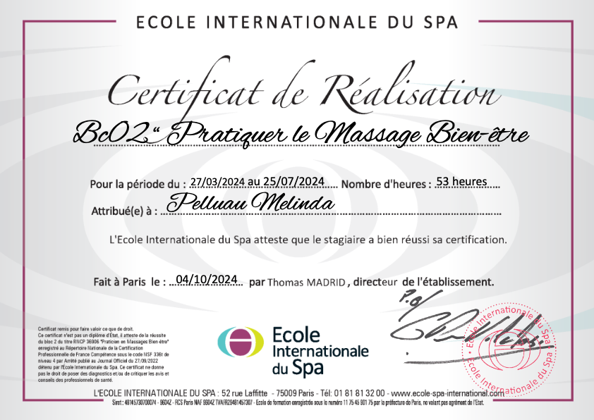 photo diplome Méli massage