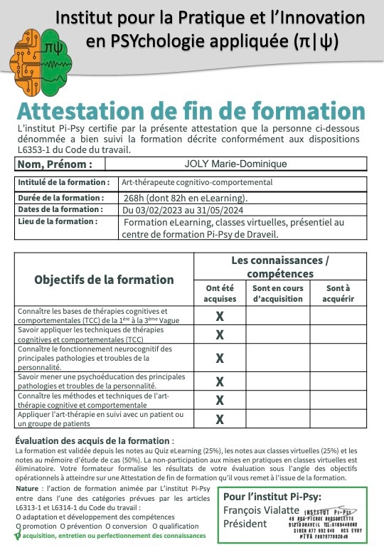 photo diplome Marie-Dominique Joly. TCC et Art-thérapie