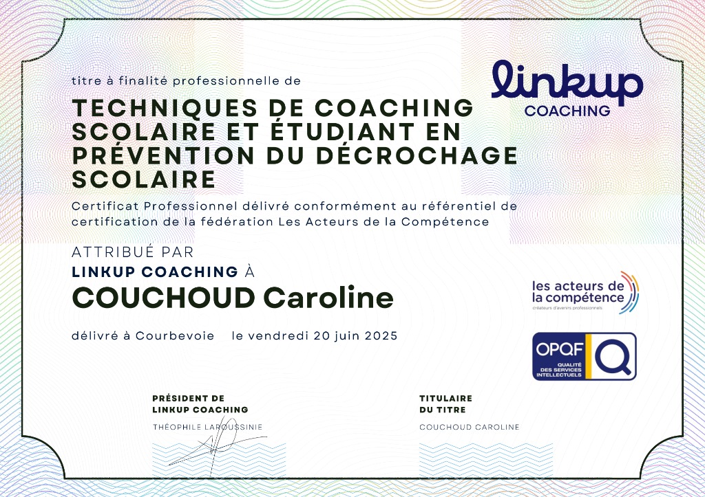 photo diplome Caroline Couchoud / Coach scolaire et étudiant