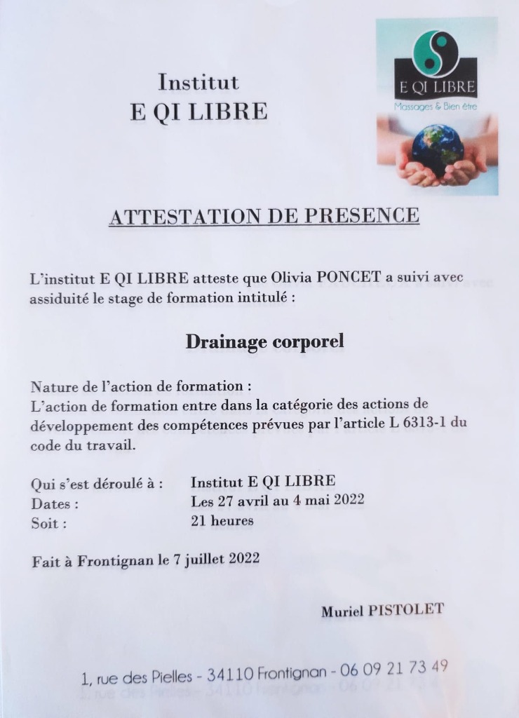 photo diplome Olivia - Drainage manuel Bien-être