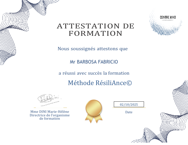 photo diplome Fabricio Barbosa - Orâmes Thérapies Brèves 