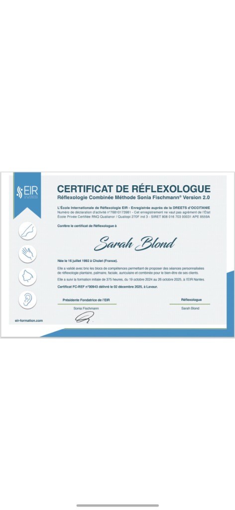 photo diplome Sarah Réflexologie