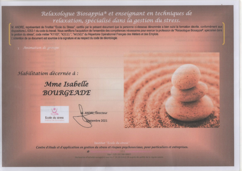 photo diplome Isabelle BOURGEADE Belle Relaxe Action