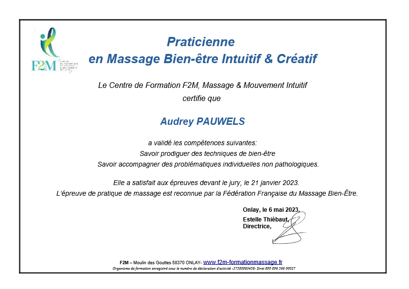 photo diplome Plume Massage Intuitif - Audrey Pauwels