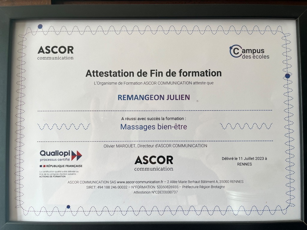 photo diplome LE BIEN ÊTRE ENTRE MES MAINS Massages bien être