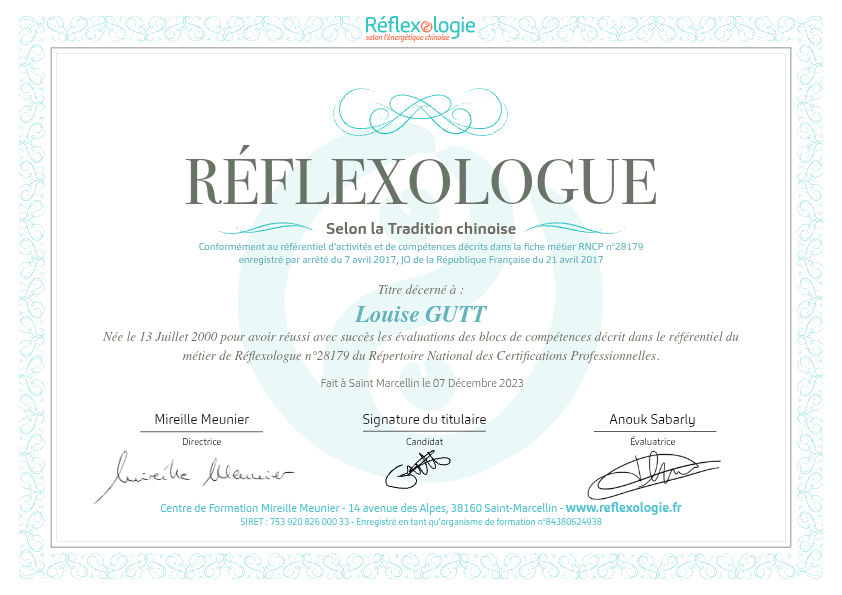 photo diplome Louise Gutt Réflexologue