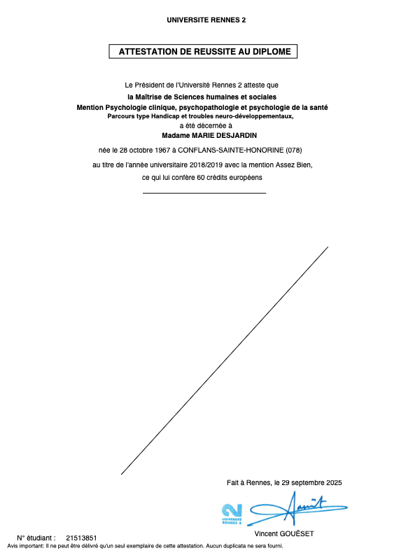 photo diplome Marie Desjardin Duboscq