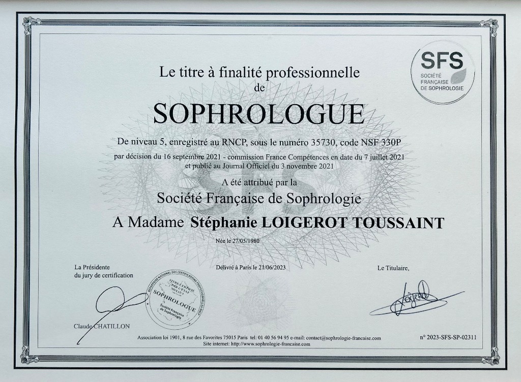 photo diplome Stéphanie LOIGEROT Sophrologie