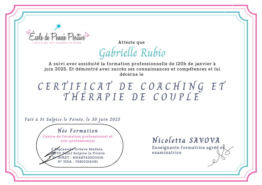 photo diplome Gabrielle - Thérapie & Coaching