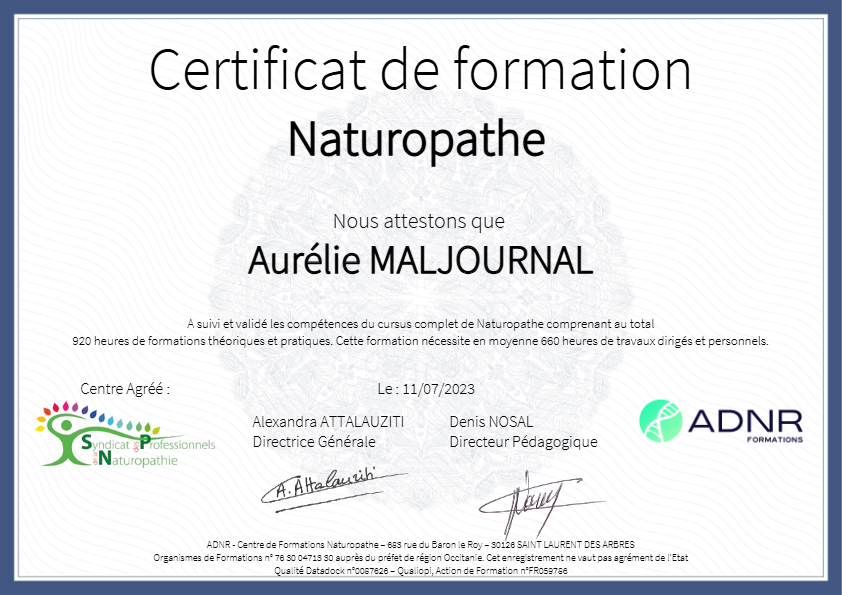 photo diplome Aurélie MALJOURNAL Naturopathe & Réflexologue