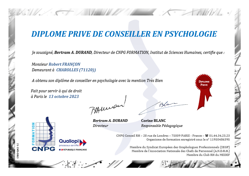 photo diplome Psychothérapie - Robert Françon