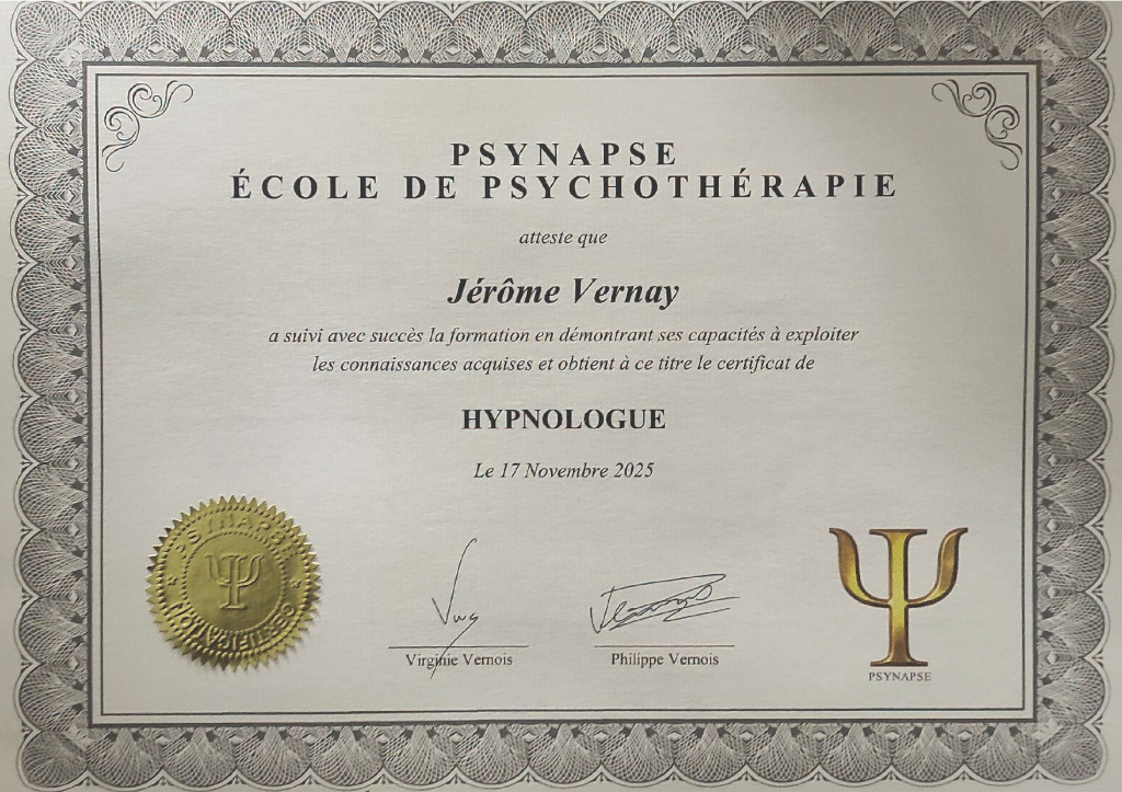 photo diplome Jérôme Vernay – Hypnose transitions de vie