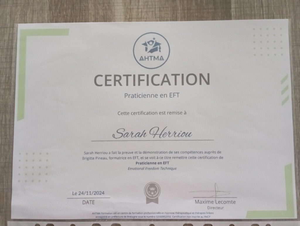 photo diplome Praticienne en EFT ( libération des émotions)