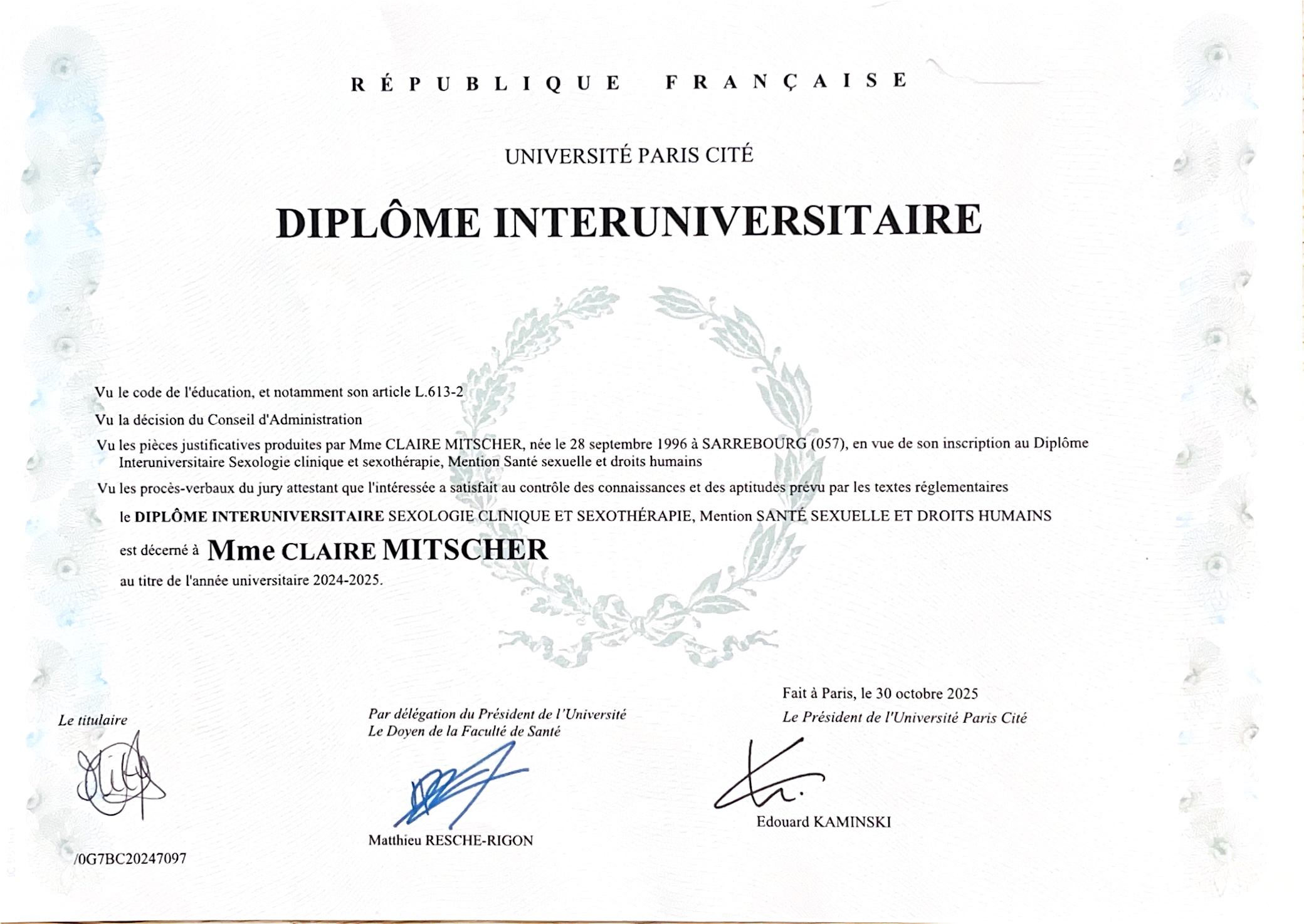 photo diplome Claire MITSCHER