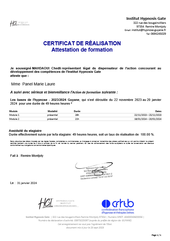 photo diplome Harmonie Hypnotique