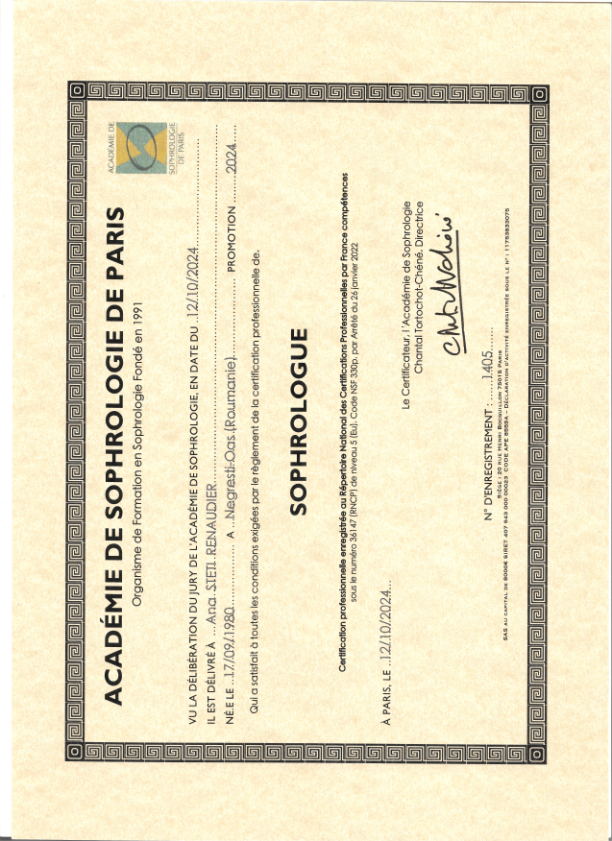 photo diplome ANA RENAUDIER SOPHROLOGUE