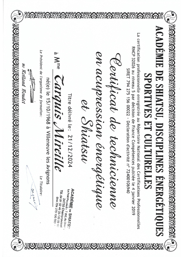 photo diplome Shiatsu l’art du soutien Mireille Tarquis