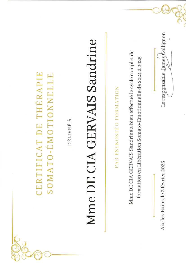 photo diplome DCG Sandrine Massothérapie & Thérapie psychocorpor