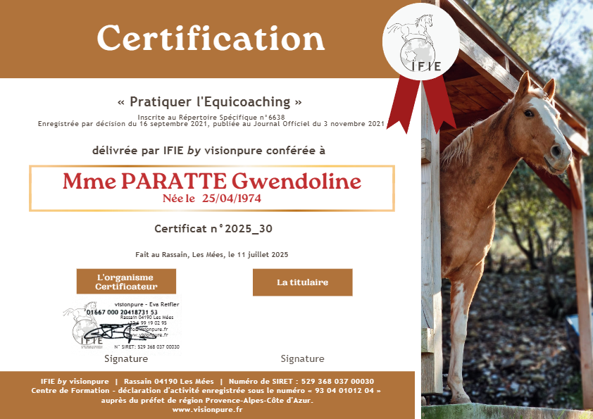 photo diplome Des chevaux dans ma vie Gwendoline PARATTE