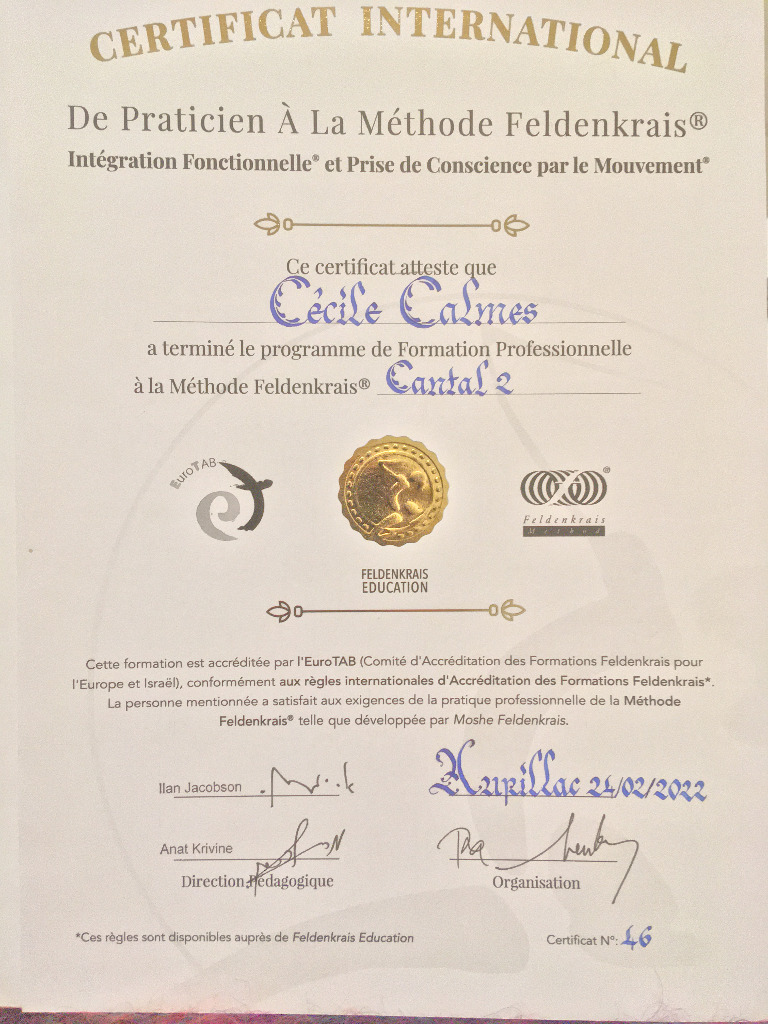 photo diplome Education Somatique Méthode Feldenkrais Cécile Cal