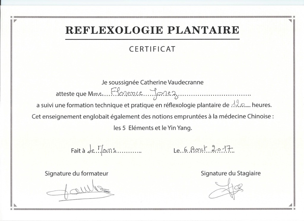 photo diplome Florence JOREZ - Les Soins de Flo