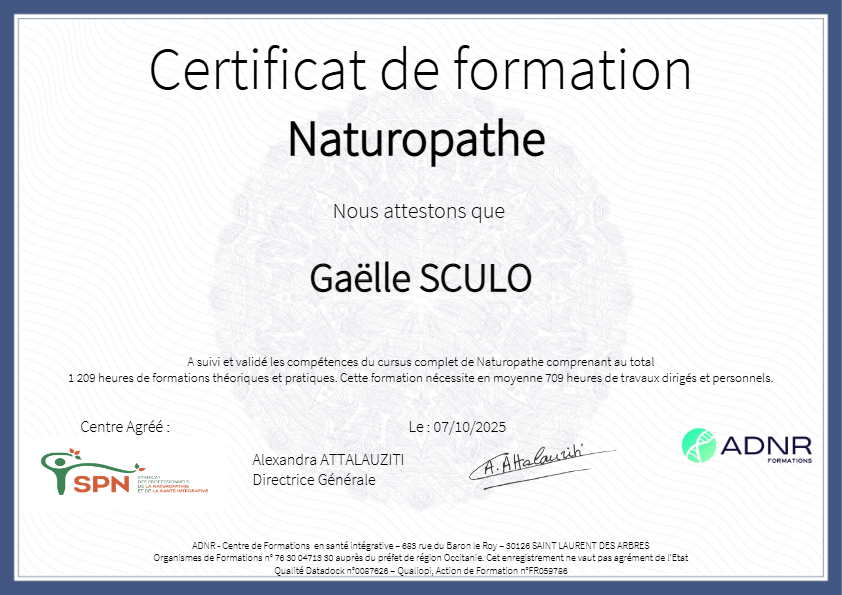 photo diplome Gaëlle Sculo Naturopathie Réflexologie