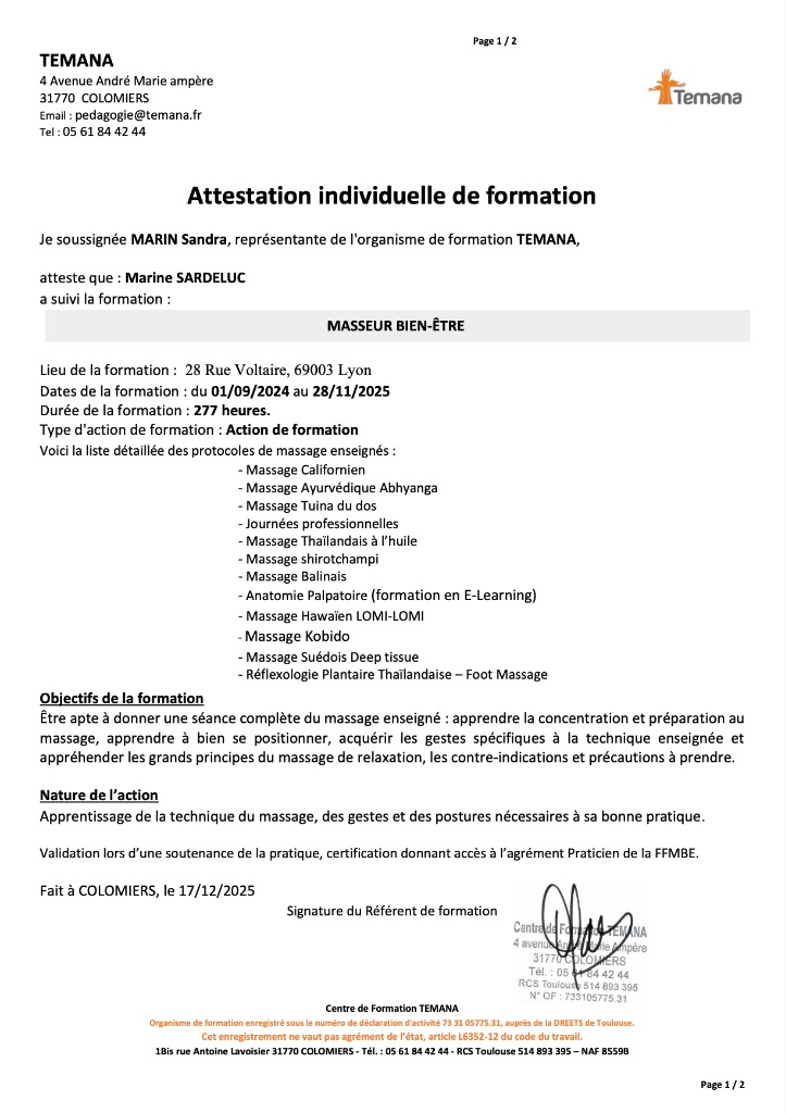 photo diplome Marine massage bien-être