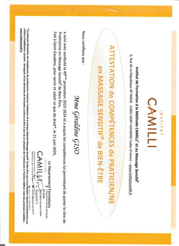 photo diplome EI Géraldine GISO - Khépri Massage