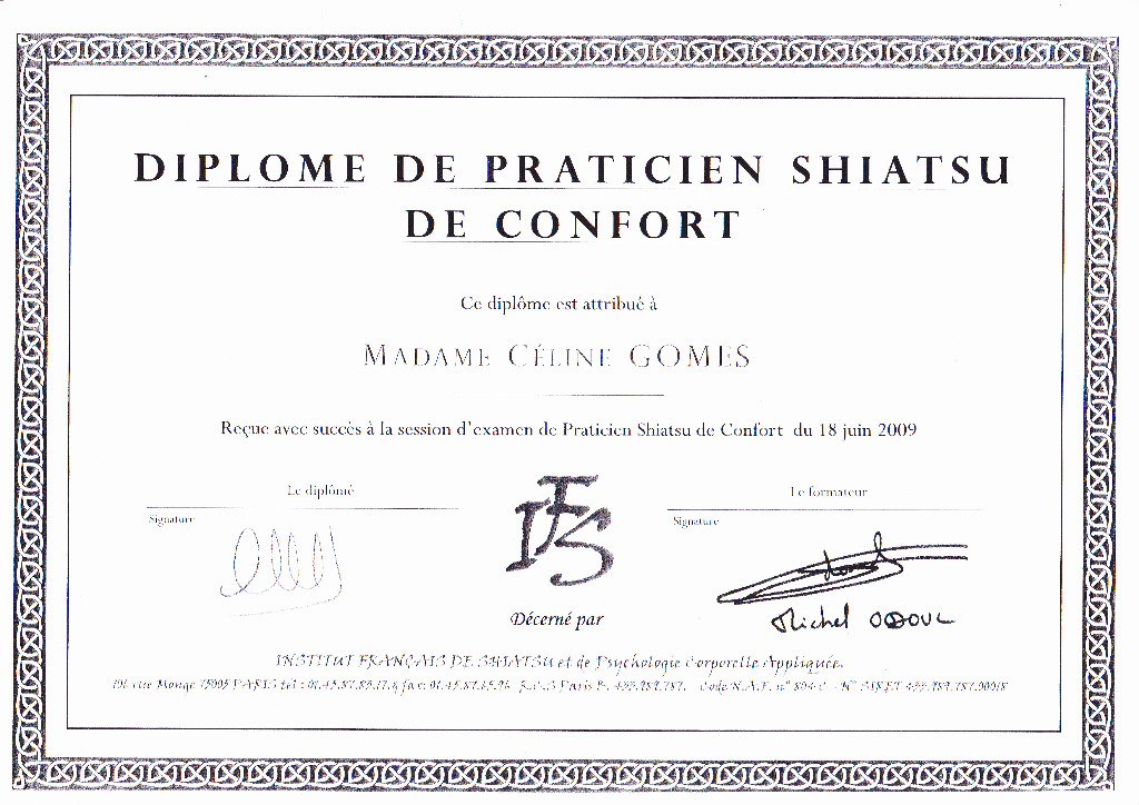 photo diplome Célina GOMES Shiatsu et relaxation