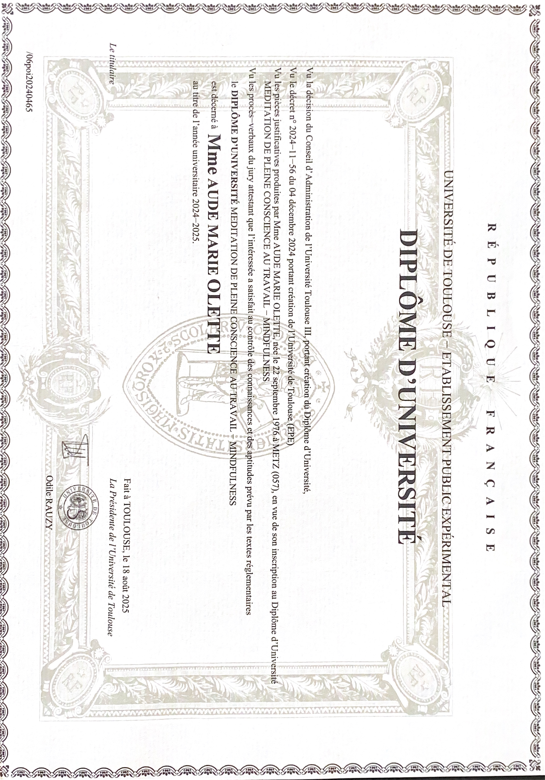 photo diplome Aude-Marie OLETTE 