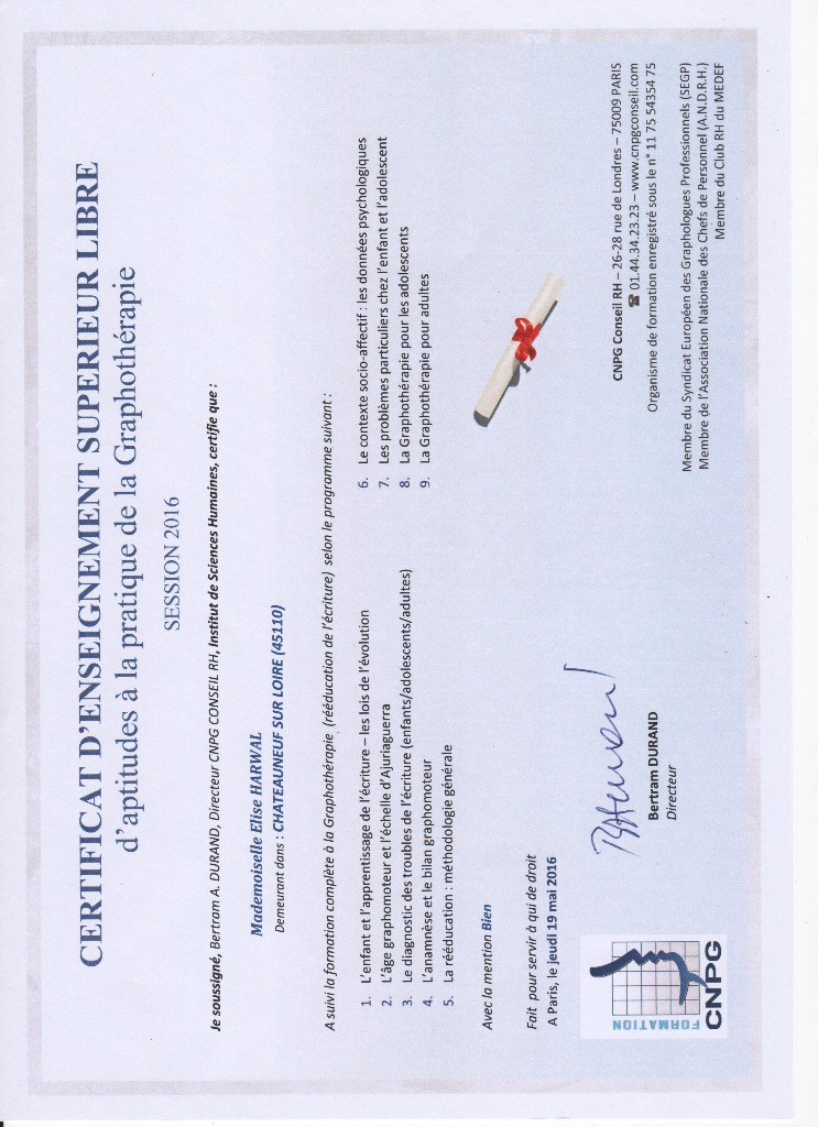 photo diplome Elise HARWAL Graphothérapeute 