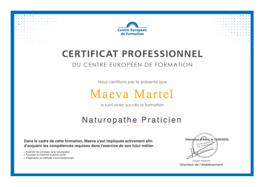 photo diplome Maé l’atelier naturopathie 