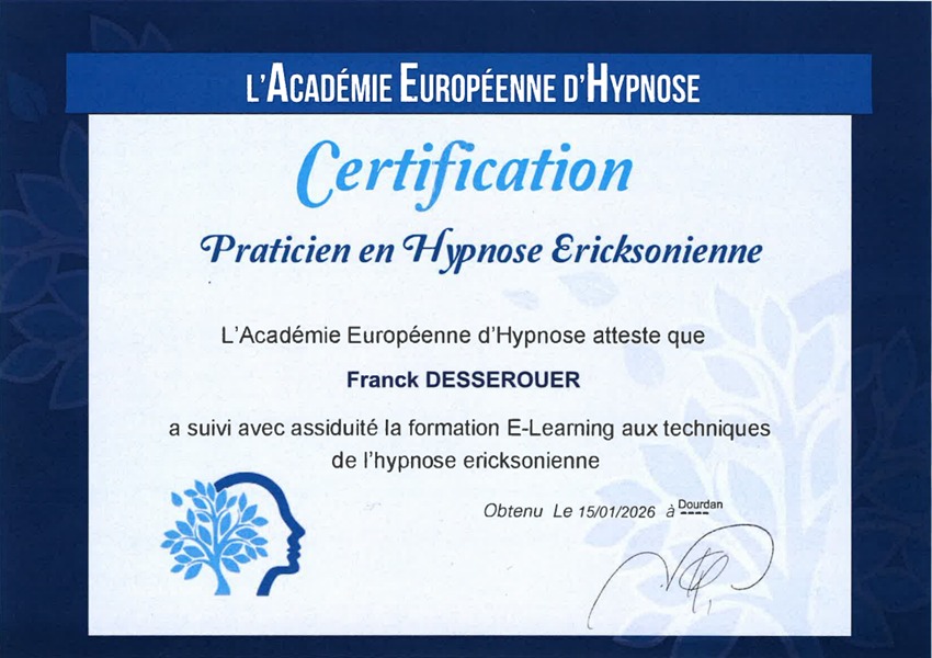 photo diplome Franck DESSEROUER Hypnothérapeute 