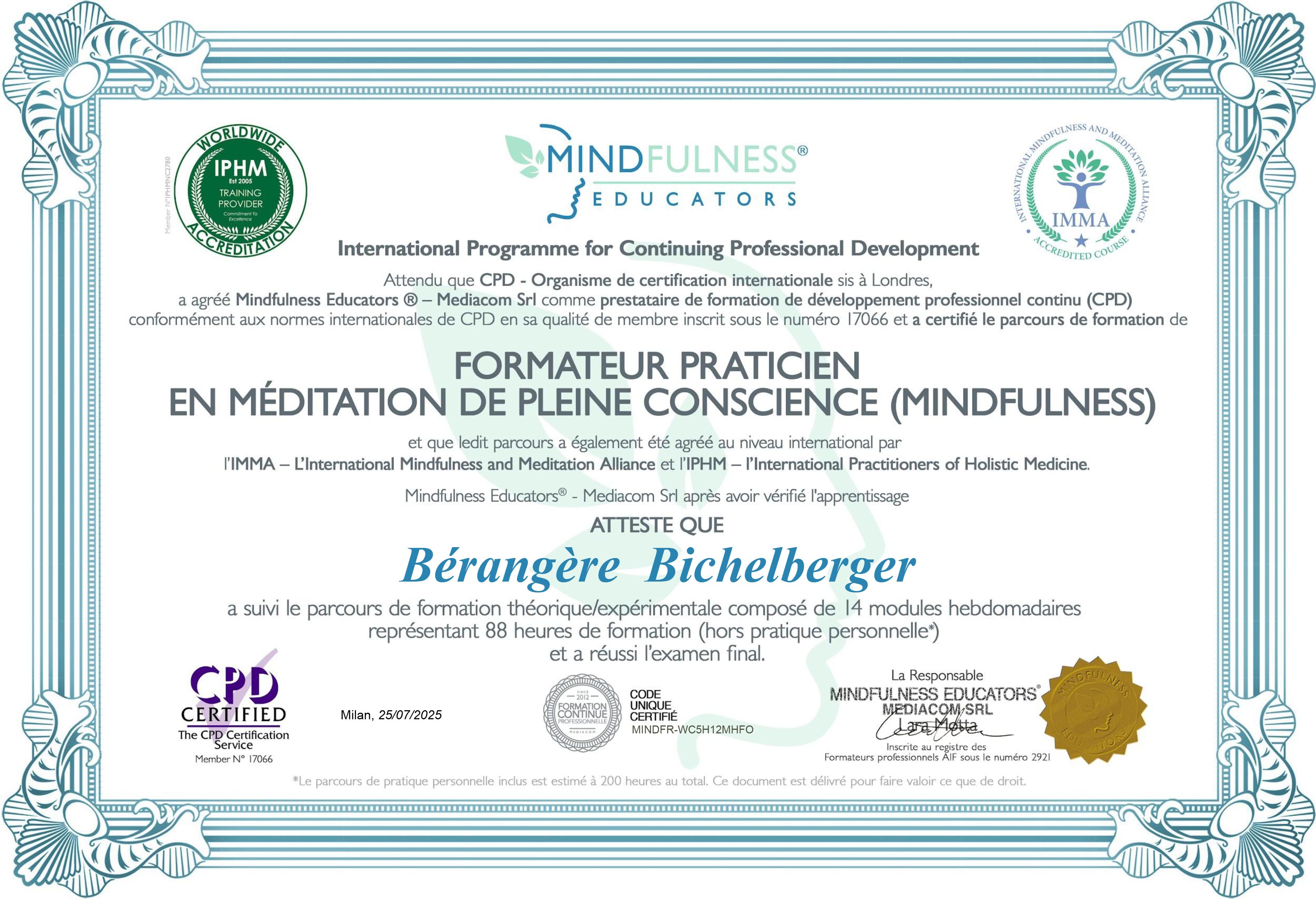 photo diplome Bérangère B. - Conscience & alignement