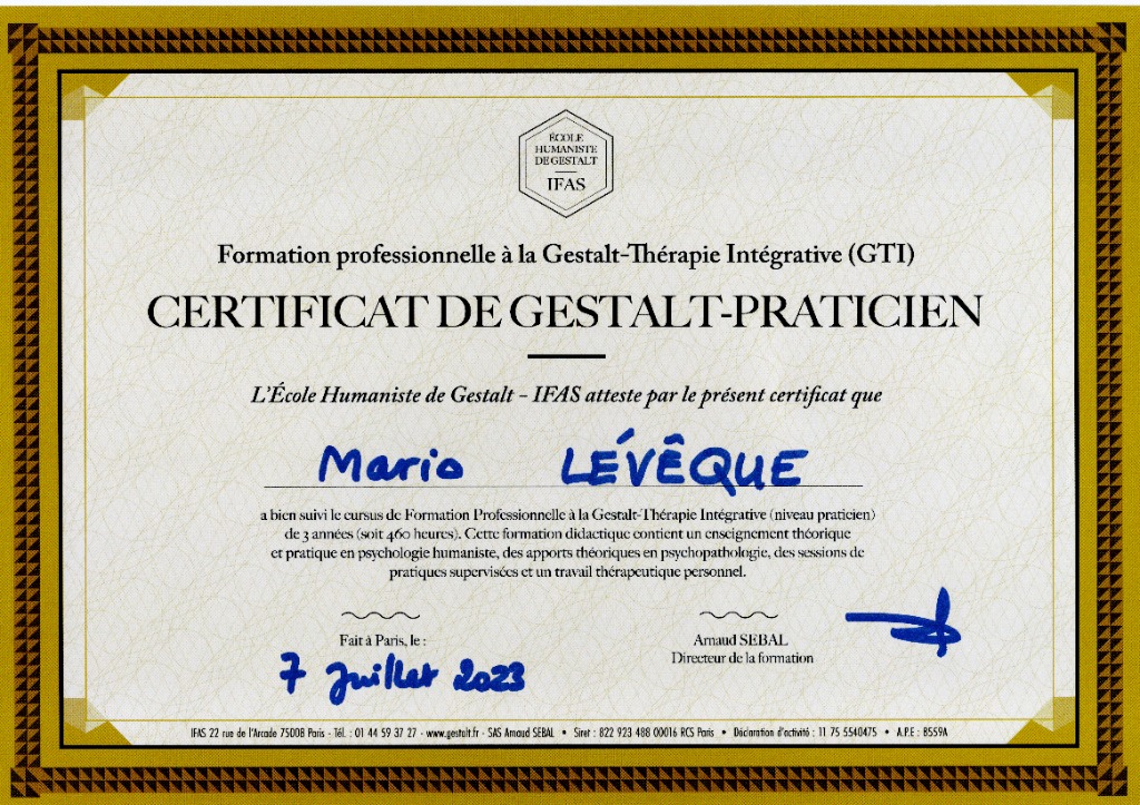 photo diplome Mario LÉVÊQUE Gestalt-thérapie